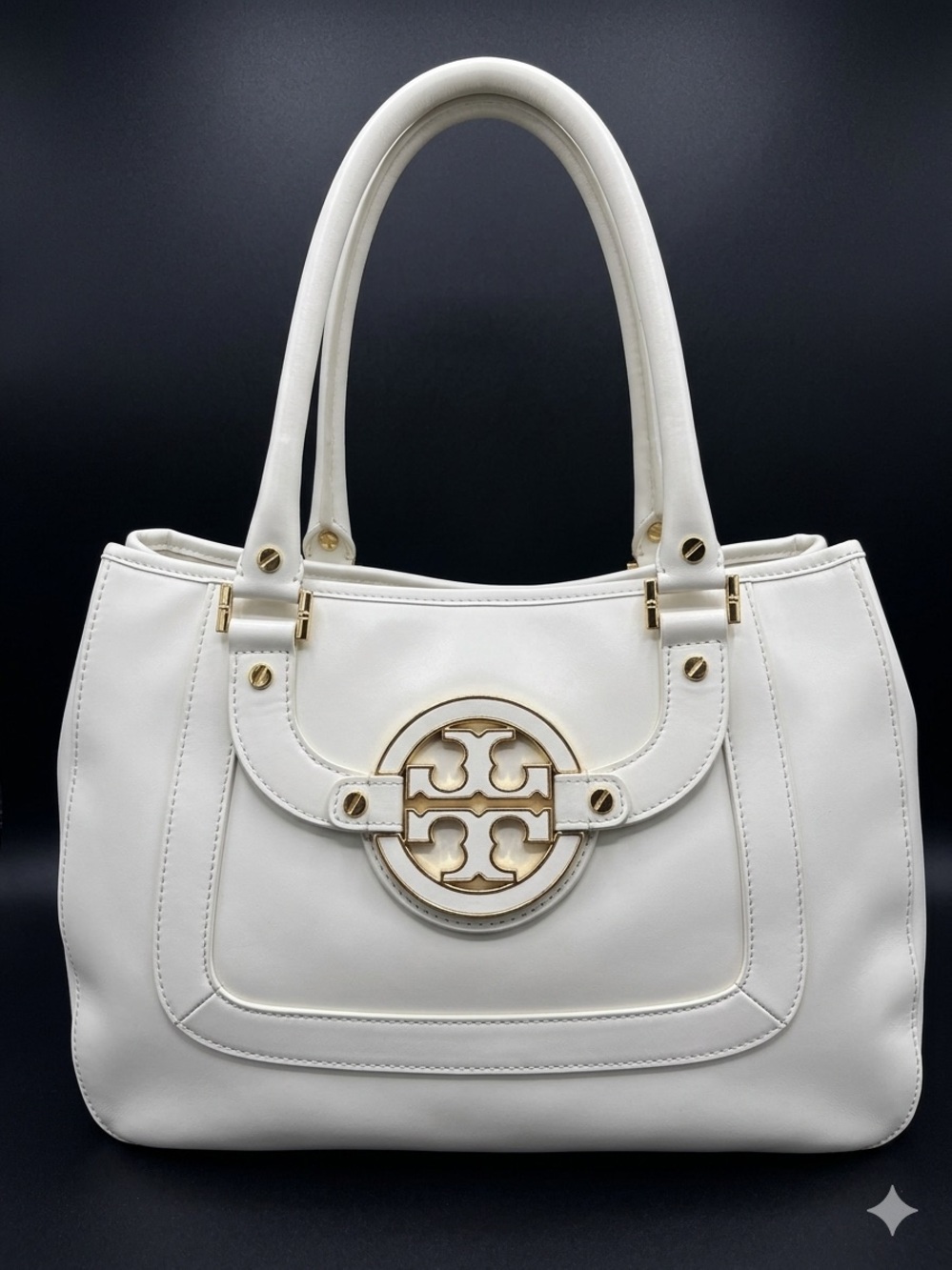 Tory Burch White Leather Tote with Gold Logo Accent
